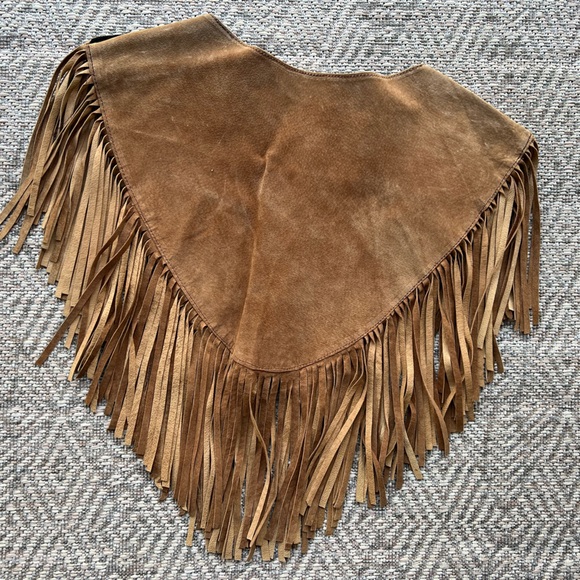 Vintage Brown Tan Suede Fringe Shawl Western Collar Floral Beading Festival - Picture 6 of 7